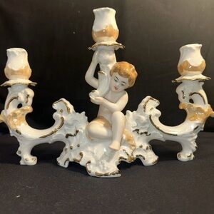 Vintage ARPO Romania Porcelain Cherub Candelabra – Gold Trim, Minor Chip
